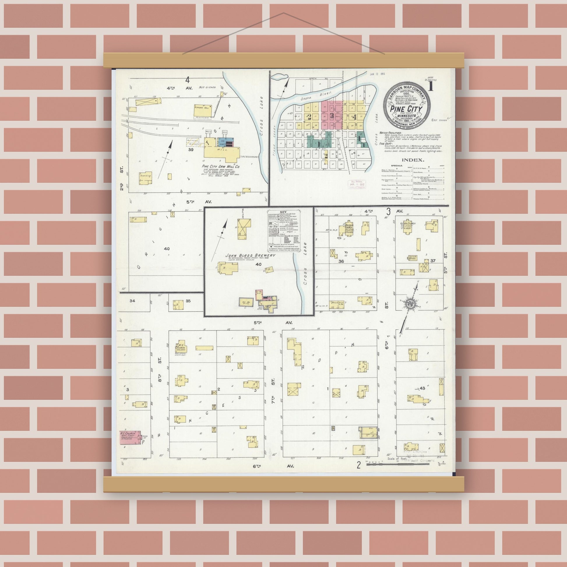 Old map wall art mockup — magnetic wood frame on brick wall — Sanborn Fire Insurance Map from Pine City, Pine County, Minnesota (1911), Sheet #0001