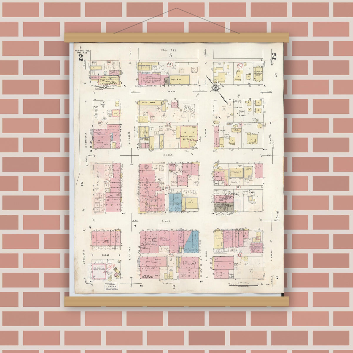 Old map wall art mockup — magnetic wood frame on brick wall — Sanborn Fire Insurance Map from Kilgore, Gregg County, Texas (1950), Sheet #0002