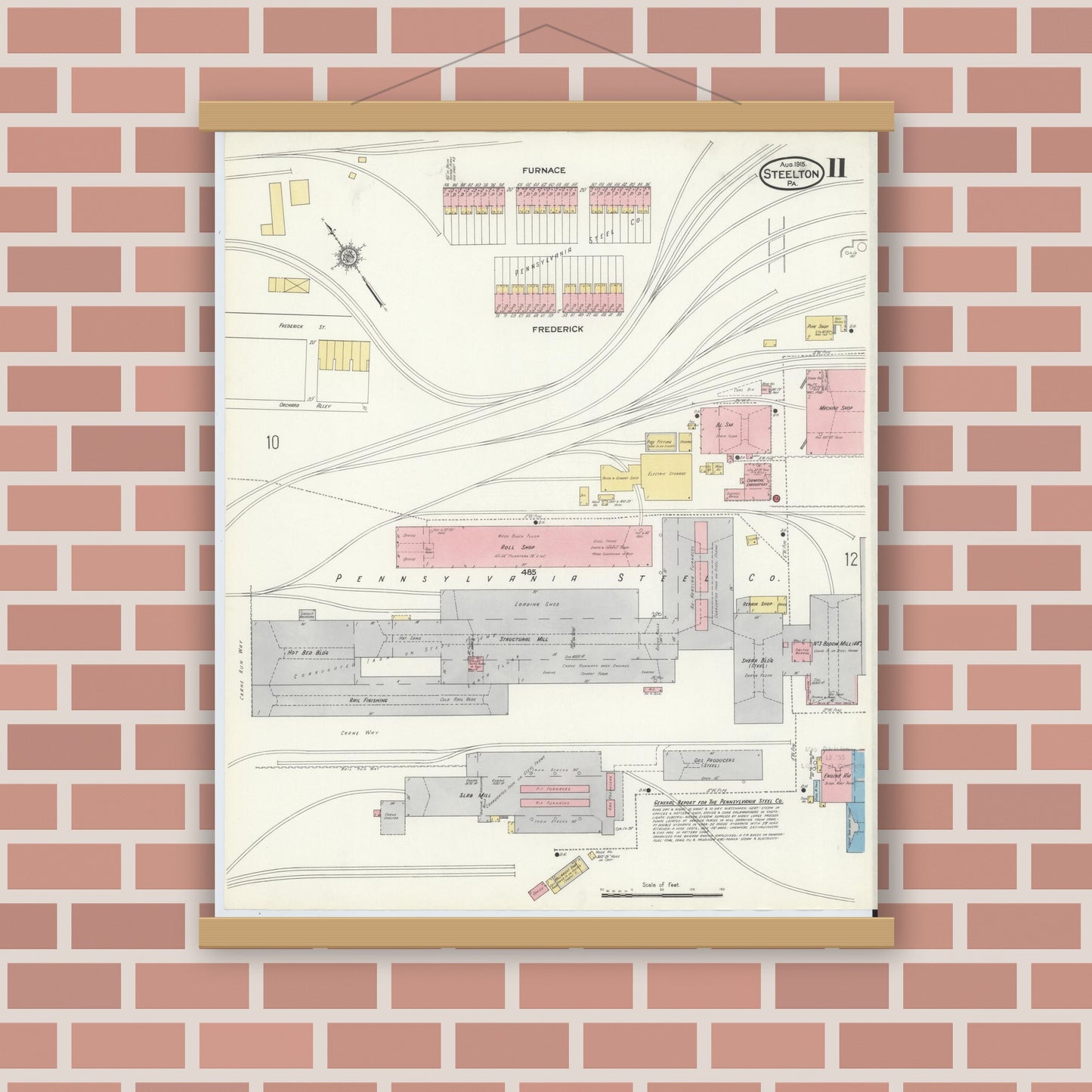 Old map wall art mockup — magnetic wood frame on brick wall — Sanborn Fire Insurance Map from Steelton, Dauphin County, Pennsylvania (1915), Sheet #0011