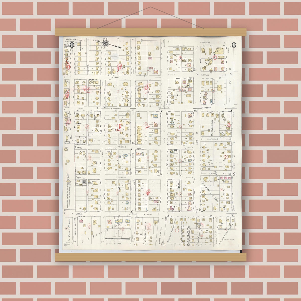 Old map wall art mockup — magnetic wood frame on brick wall — Sanborn Fire Insurance Map from Lamesa, Dawson County, Texas (1948), Sheet #0008
