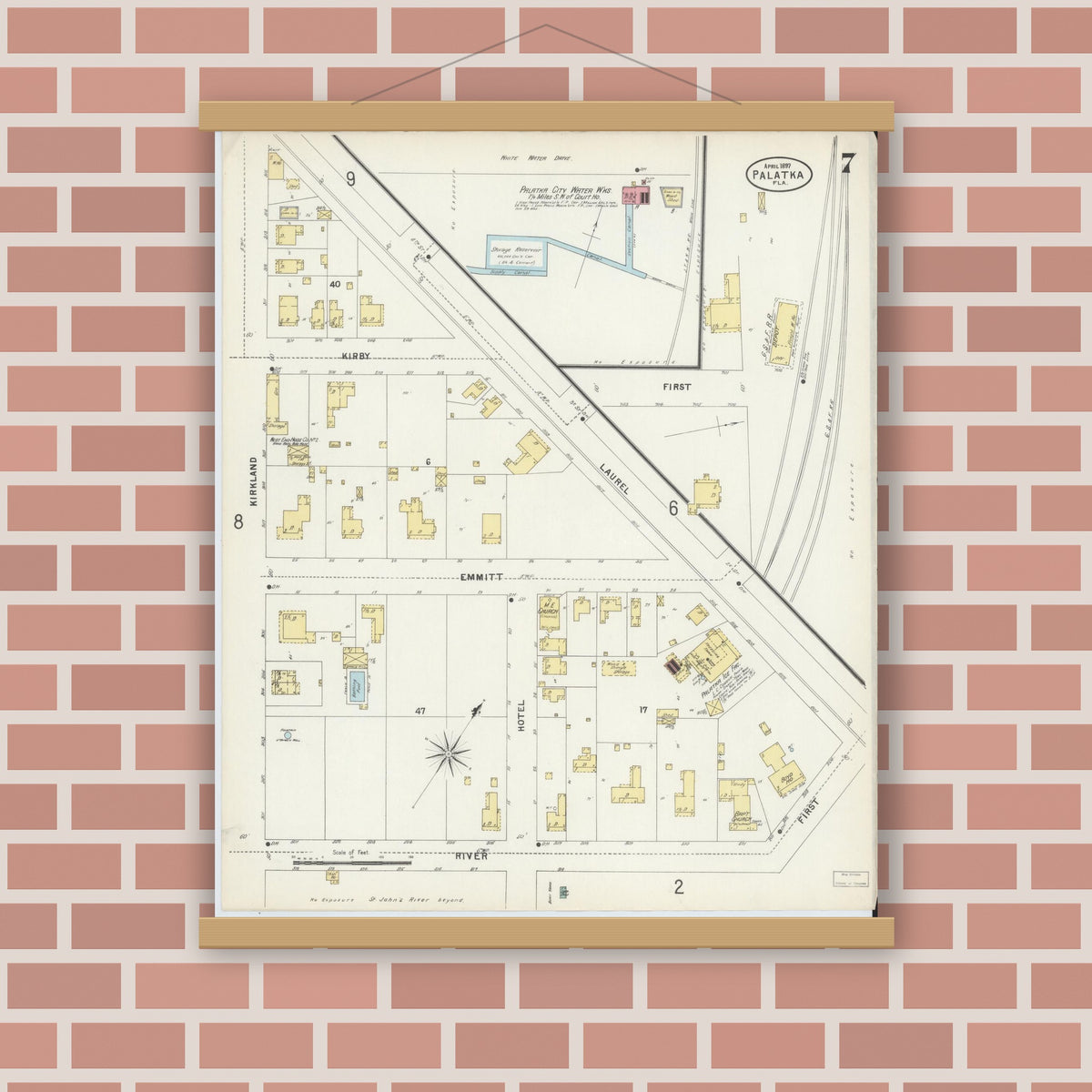 Old map wall art mockup — magnetic wood frame on brick wall — Sanborn Fire Insurance Map from Palatka, Putnam County, Florida (1897), Sheet #0007