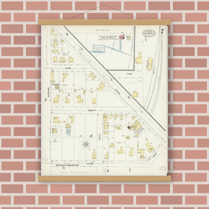 Old map wall art mockup — magnetic wood frame on brick wall — Sanborn Fire Insurance Map from Palatka, Putnam County, Florida (1897), Sheet #0007