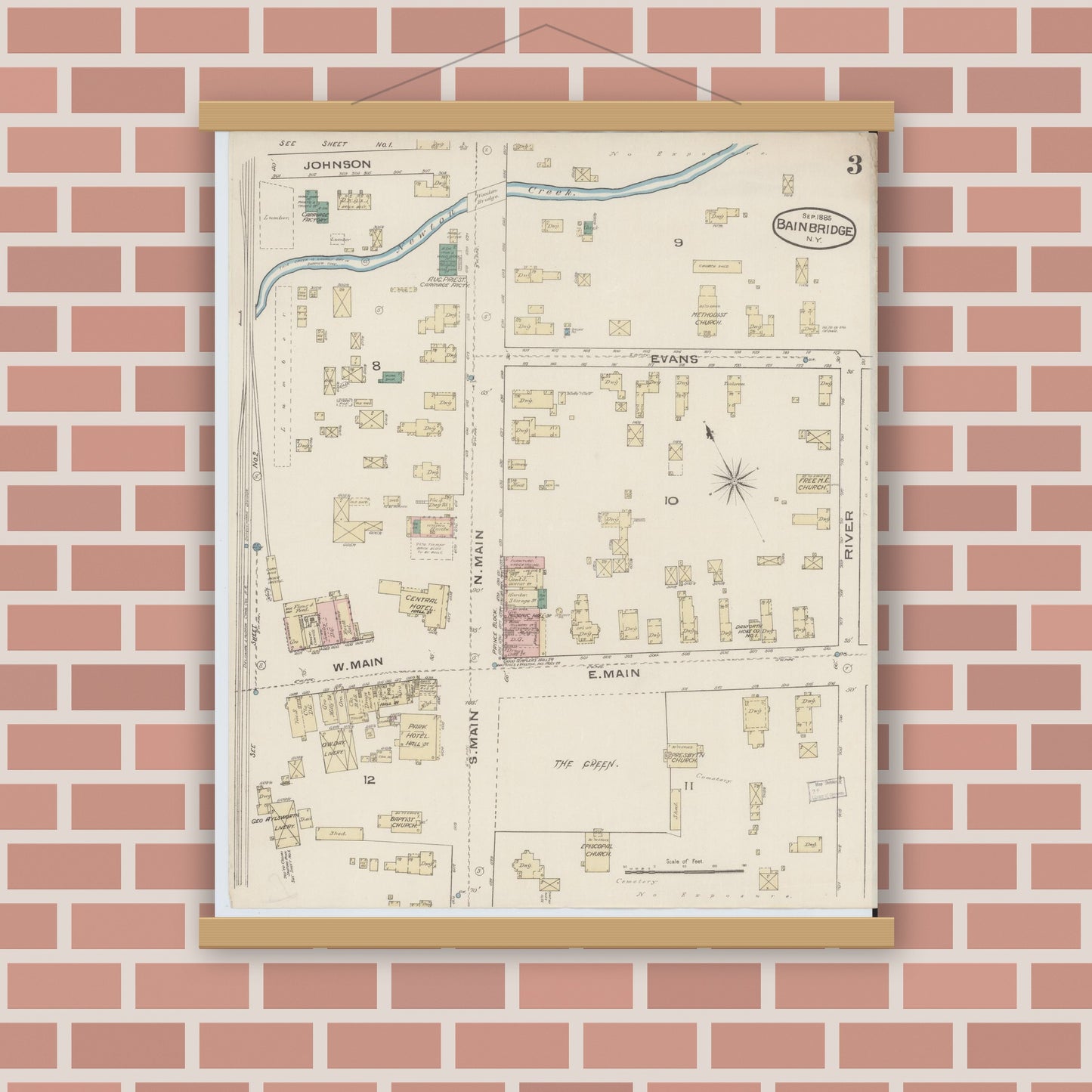 Old map wall art mockup — magnetic wood frame on brick wall — Sanborn Fire Insurance Map from Bainbridge, Chenango County, New York (1885), Sheet #0003