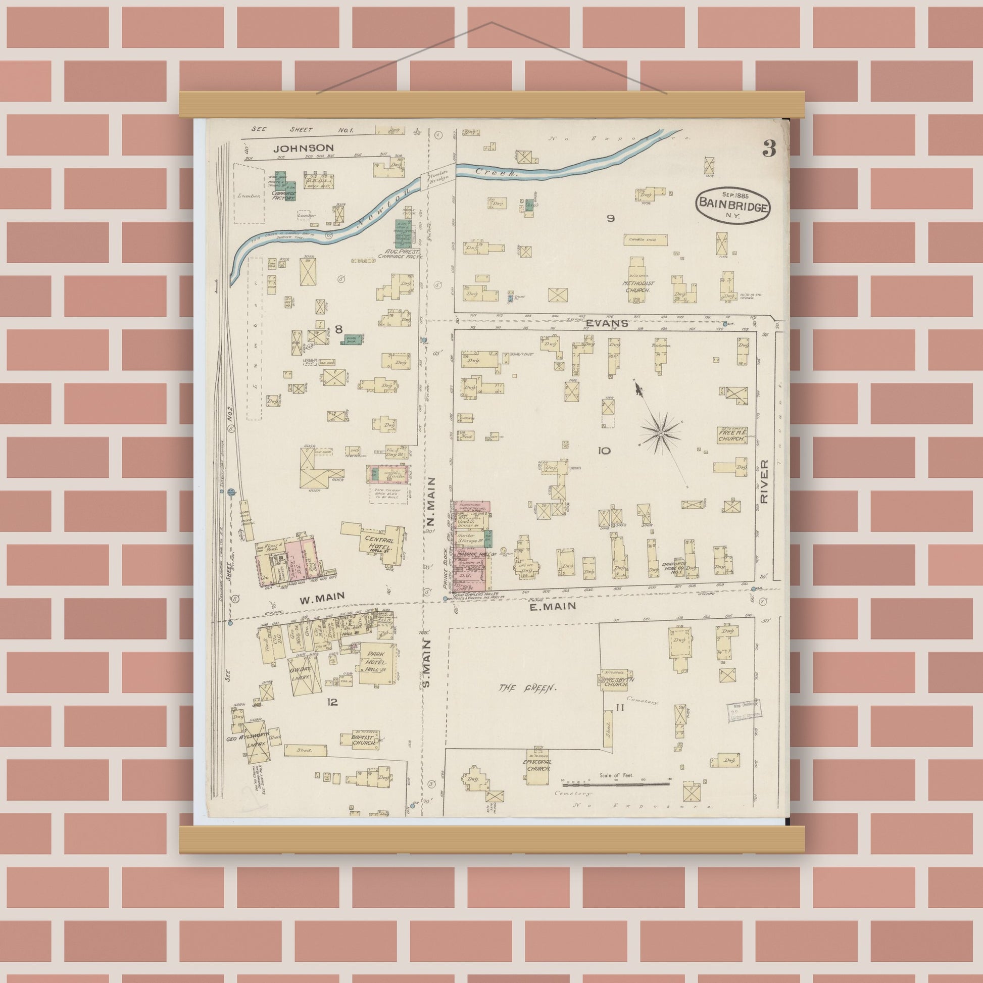 Old map wall art mockup — magnetic wood frame on brick wall — Sanborn Fire Insurance Map from Bainbridge, Chenango County, New York (1885), Sheet #0003