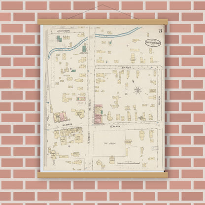 Old map wall art mockup — magnetic wood frame on brick wall — Sanborn Fire Insurance Map from Bainbridge, Chenango County, New York (1885), Sheet #0003