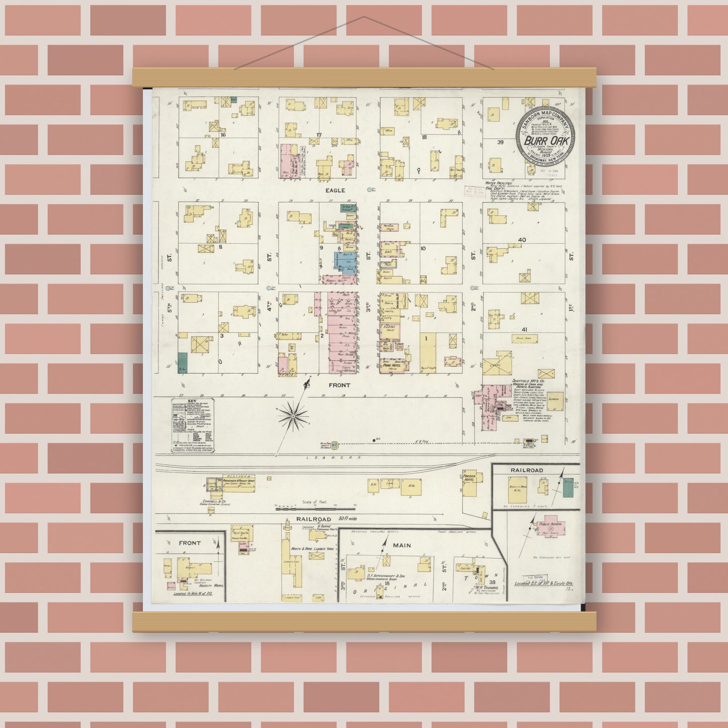 Old map wall art mockup — magnetic wood frame on brick wall — Sanborn Fire Insurance Map from Burr Oak, Saint Joseph County, Michigan (1909), Sheet #0001