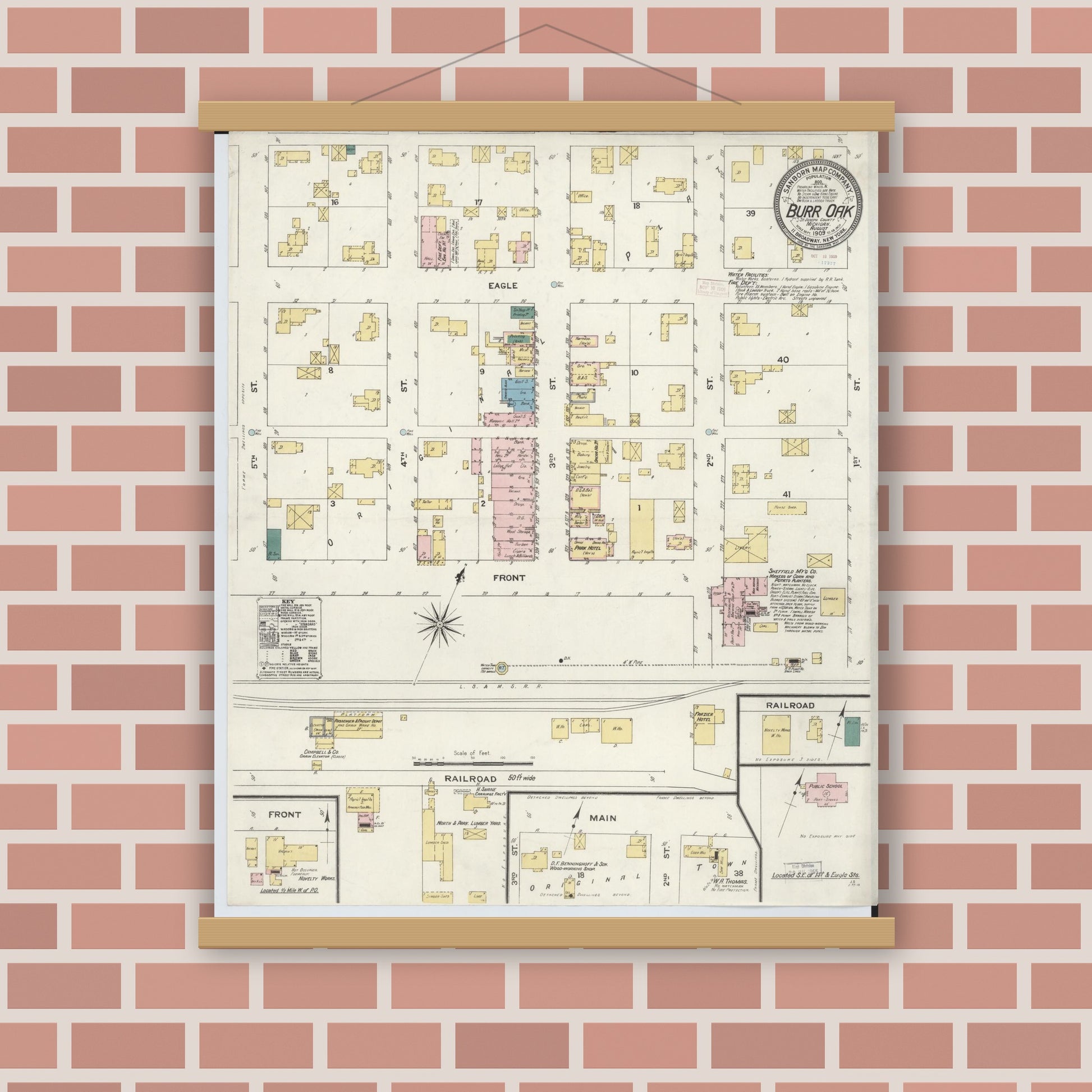 Old map wall art mockup — magnetic wood frame on brick wall — Sanborn Fire Insurance Map from Burr Oak, Saint Joseph County, Michigan (1909), Sheet #0001