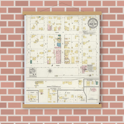 Old map wall art mockup — magnetic wood frame on brick wall — Sanborn Fire Insurance Map from Burr Oak, Saint Joseph County, Michigan (1909), Sheet #0001