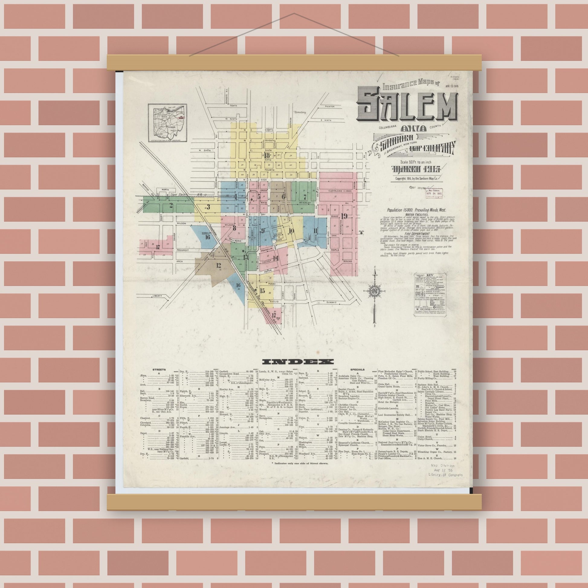 Old map wall art mockup — magnetic wood frame on brick wall — Sanborn Fire Insurance Map from Salem, Columbiana County, Ohio (1915) - Complete Map Set