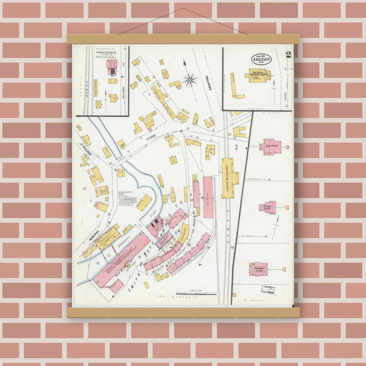 Old map wall art mockup — magnetic wood frame on brick wall — Sanborn Fire Insurance Map from Andover, Essex County, Massachusetts (1901), Sheet #0002