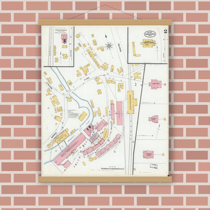 Old map wall art mockup — magnetic wood frame on brick wall — Sanborn Fire Insurance Map from Andover, Essex County, Massachusetts (1901), Sheet #0002