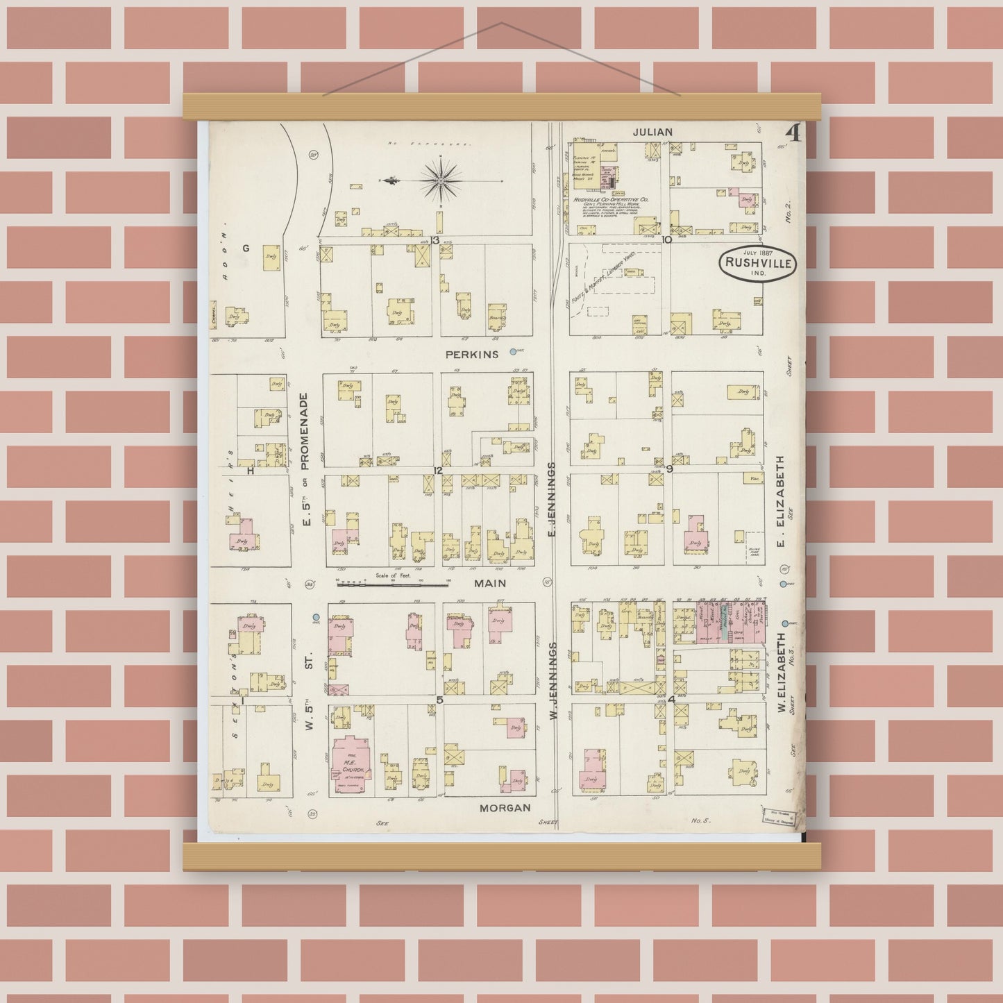 Old map wall art mockup — magnetic wood frame on brick wall — Sanborn Fire Insurance Map from Rushville, Rush County, Indiana (1887), Sheet #0004
