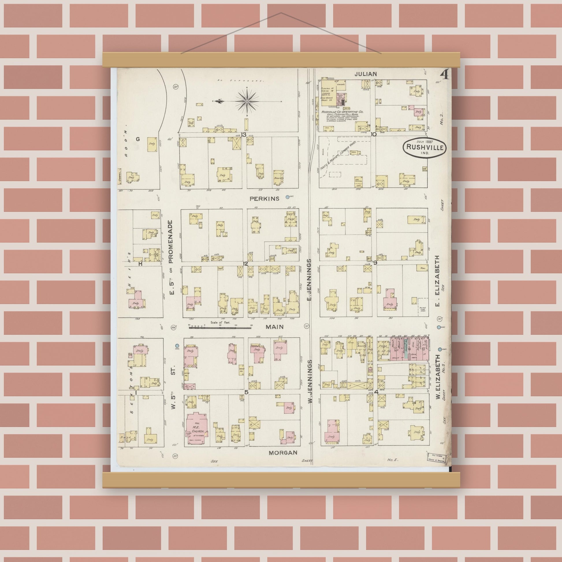 Old map wall art mockup — magnetic wood frame on brick wall — Sanborn Fire Insurance Map from Rushville, Rush County, Indiana (1887), Sheet #0004