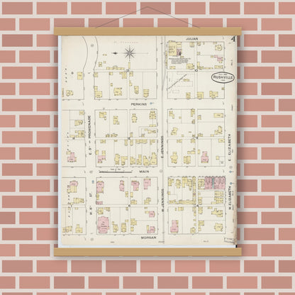Old map wall art mockup — magnetic wood frame on brick wall — Sanborn Fire Insurance Map from Rushville, Rush County, Indiana (1887), Sheet #0004