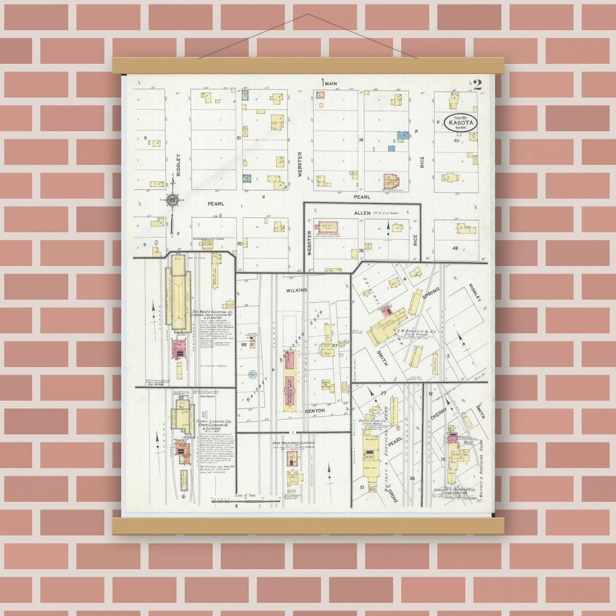 Old map wall art mockup — magnetic wood frame on brick wall — Sanborn Fire Insurance Map from Kasota, Le Sueur County, Minnesota (1911), Sheet #0002