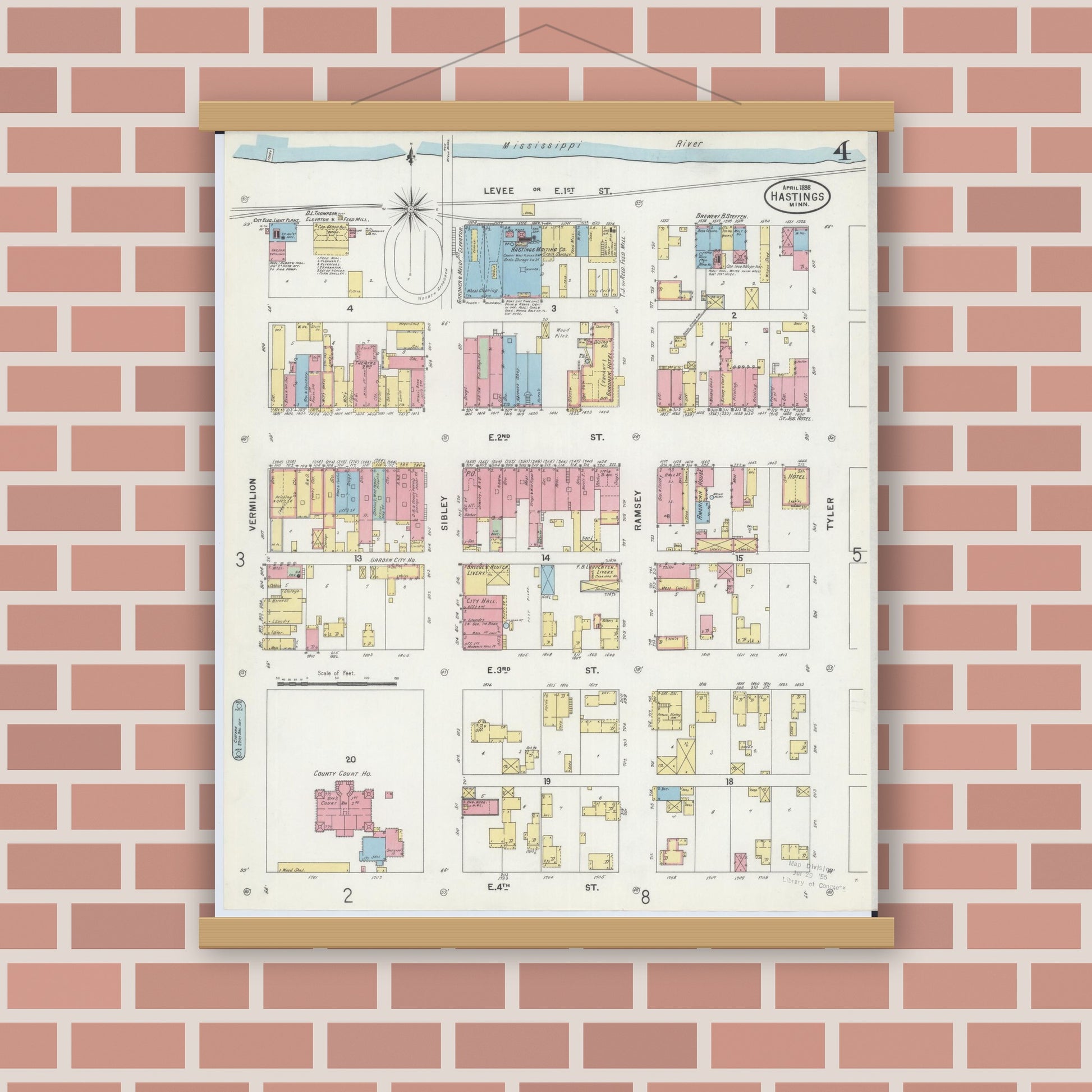 Old map wall art mockup — magnetic wood frame on brick wall — Sanborn Fire Insurance Map from Hastings, Dakota County, Minnesota (1898), Sheet #0004