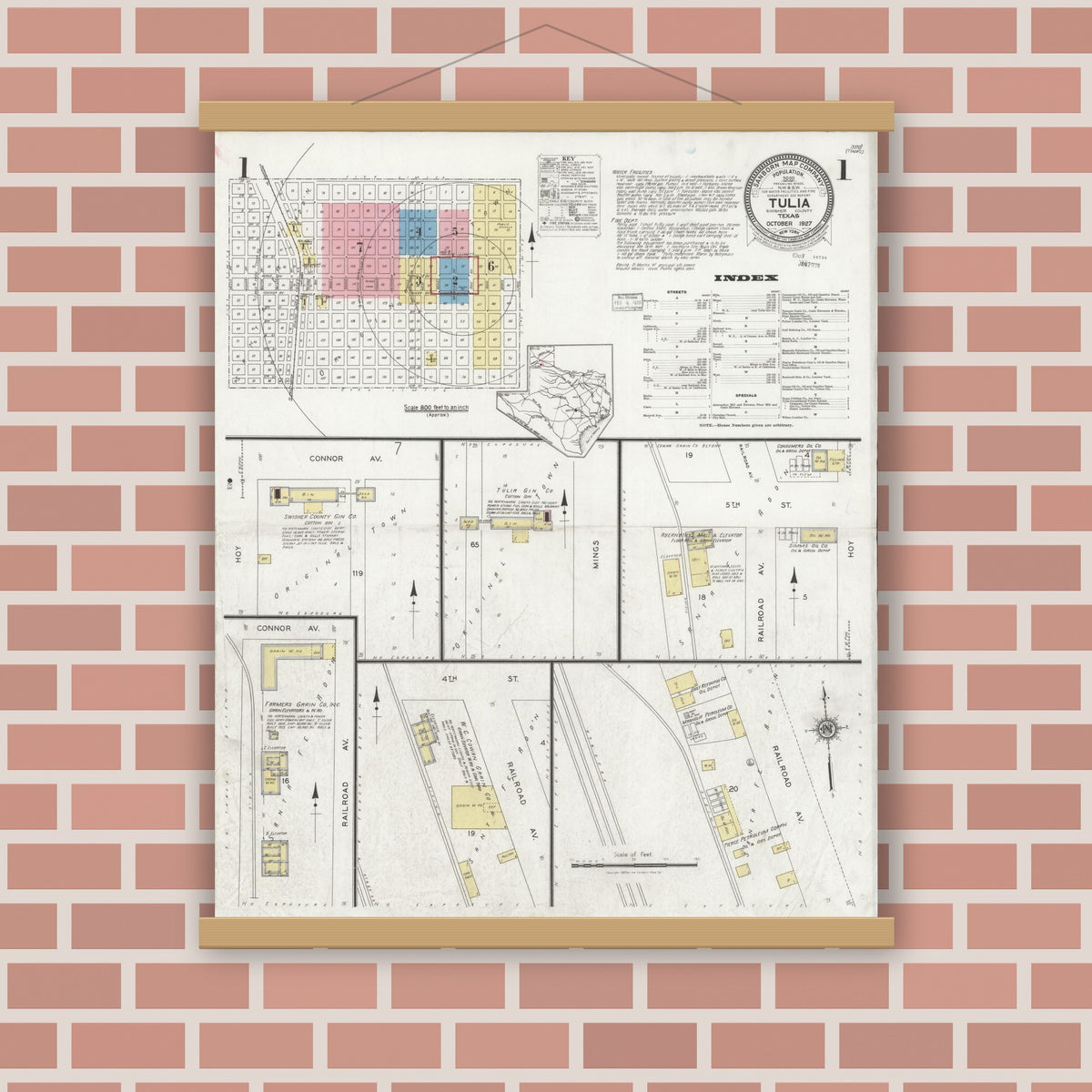 Old map wall art mockup — magnetic wood frame on brick wall — Sanborn Fire Insurance Map from Tulia, Swisher County, Texas (1927), Sheet #0001