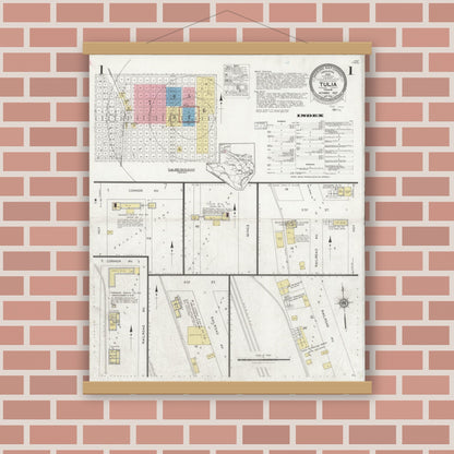 Old map wall art mockup — magnetic wood frame on brick wall — Sanborn Fire Insurance Map from Tulia, Swisher County, Texas (1927), Sheet #0001