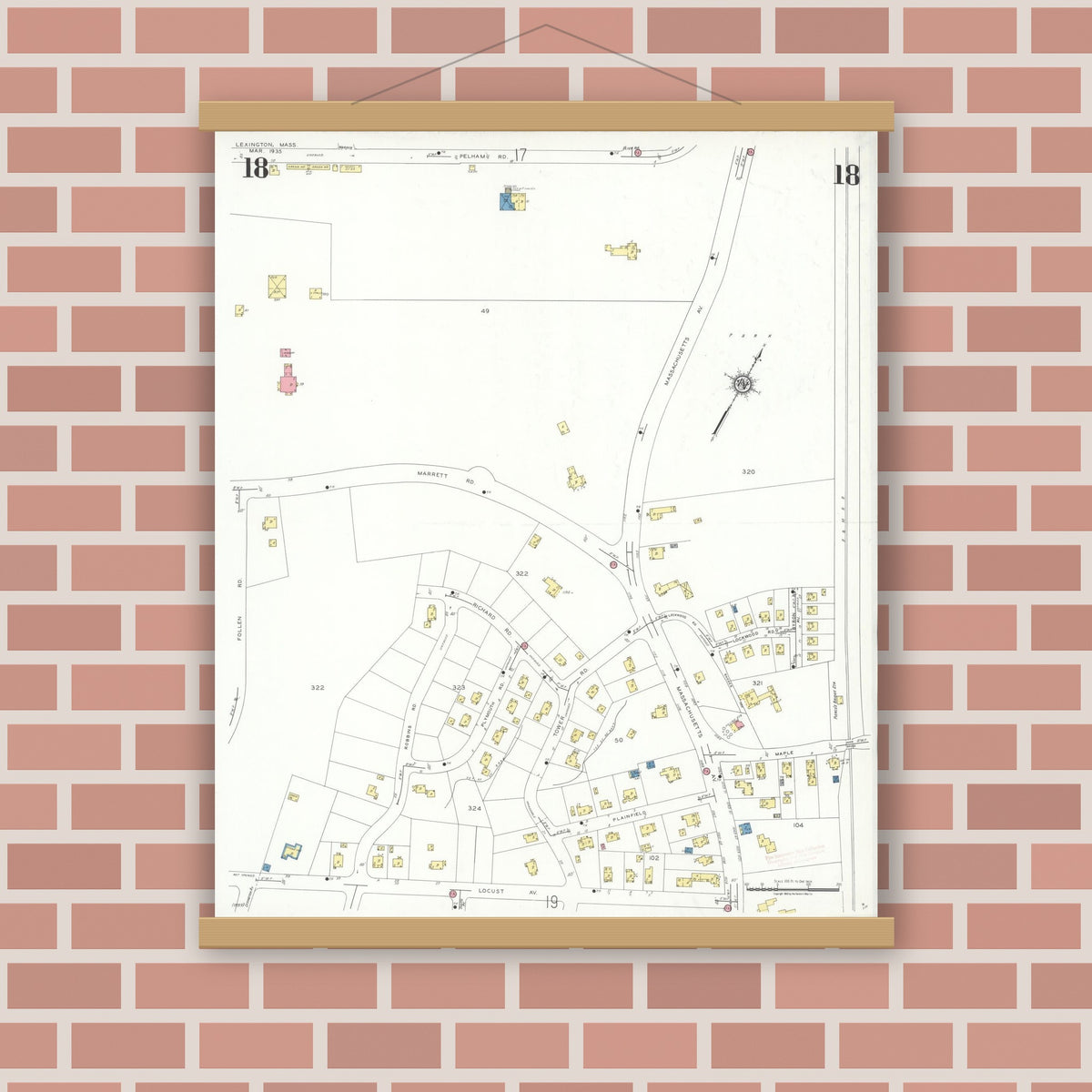 Old map wall art mockup — magnetic wood frame on brick wall — Sanborn Fire Insurance Map from Lexington, Middlesex County, Massachusetts (1935), Sheet #0018