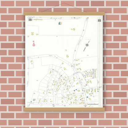 Old map wall art mockup — magnetic wood frame on brick wall — Sanborn Fire Insurance Map from Lexington, Middlesex County, Massachusetts (1935), Sheet #0018