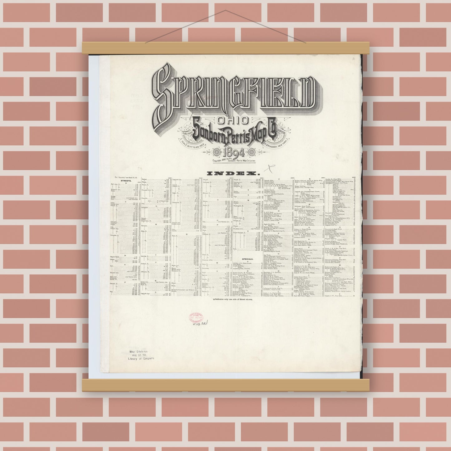 Old map wall art mockup — magnetic wood frame on brick wall — Sanborn Fire Insurance Map from Springfield, Clark County, Ohio (1894), Sheet #0001