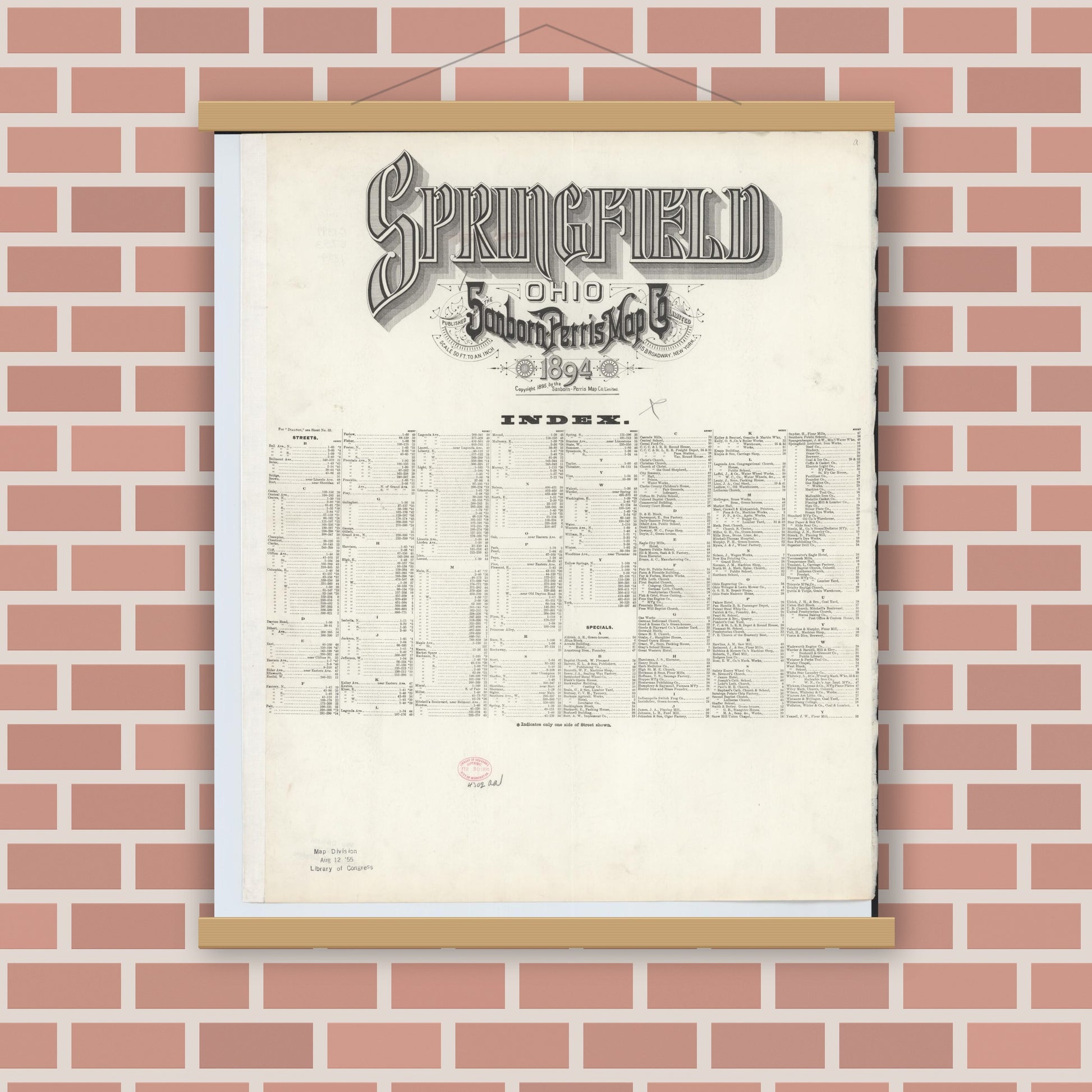 Old map wall art mockup — magnetic wood frame on brick wall — Sanborn Fire Insurance Map from Springfield, Clark County, Ohio (1894), Sheet #0001