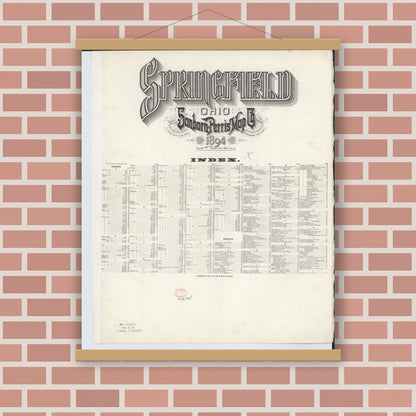 Old map wall art mockup — magnetic wood frame on brick wall — Sanborn Fire Insurance Map from Springfield, Clark County, Ohio (1894), Sheet #0001