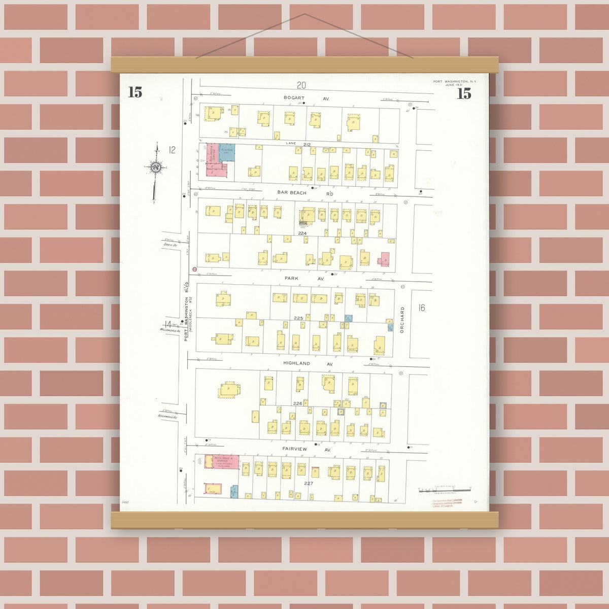 Old map wall art mockup — magnetic wood frame on brick wall — Sanborn Fire Insurance Map from Port Washington, Nassau County, New York (1931), Sheet #0015
