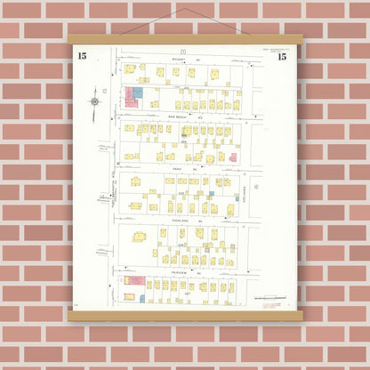 Old map wall art mockup — magnetic wood frame on brick wall — Sanborn Fire Insurance Map from Port Washington, Nassau County, New York (1931), Sheet #0015