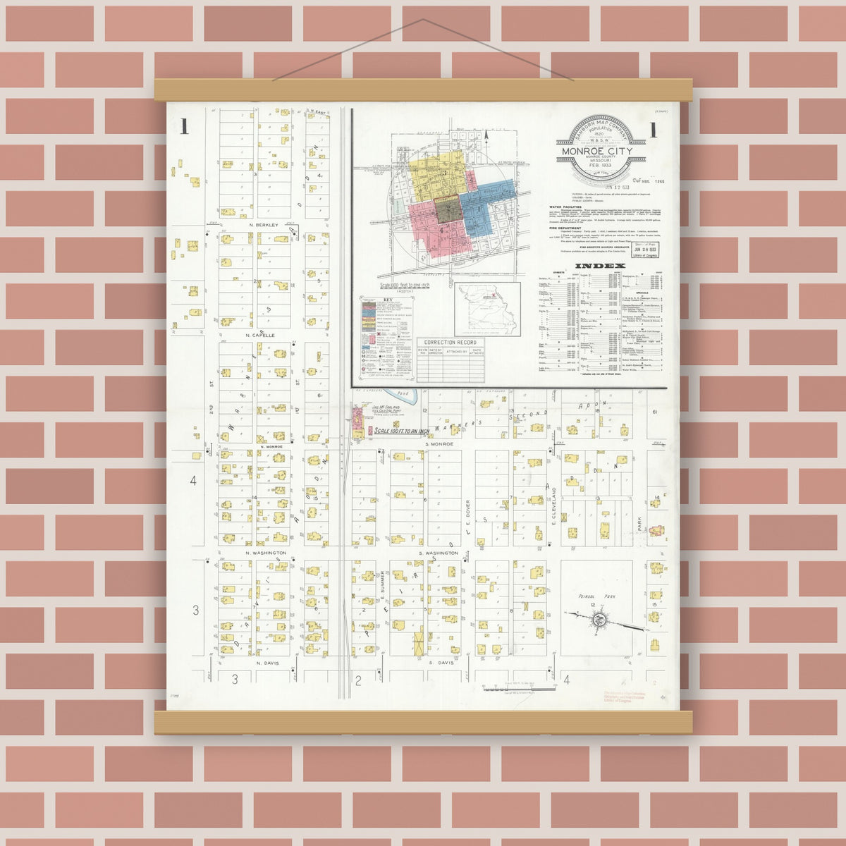 Old map wall art mockup — magnetic wood frame on brick wall — Sanborn Fire Insurance Map from Monroe City, Monroe County, Missouri (1933), Sheet #0001