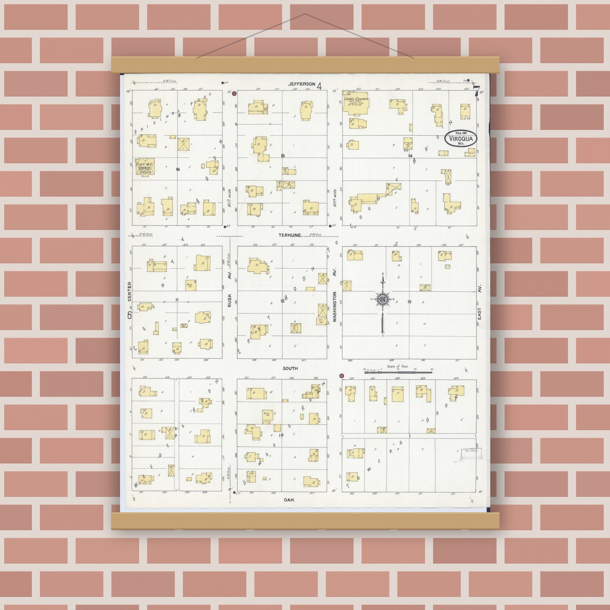 Old map wall art mockup — magnetic wood frame on brick wall — Sanborn Fire Insurance Map from Viroqua, Vernon County, Wisconsin (1911), Sheet #0007