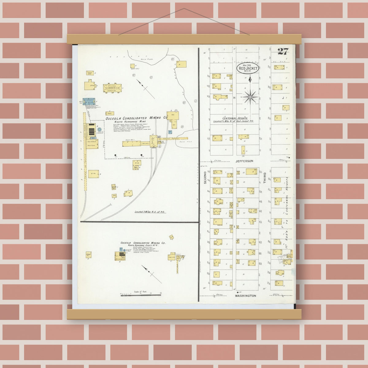 Old map wall art mockup — magnetic wood frame on brick wall — Sanborn Fire Insurance Map from Red Jacket, Houghton County, Michigan (1908), Sheet #0027