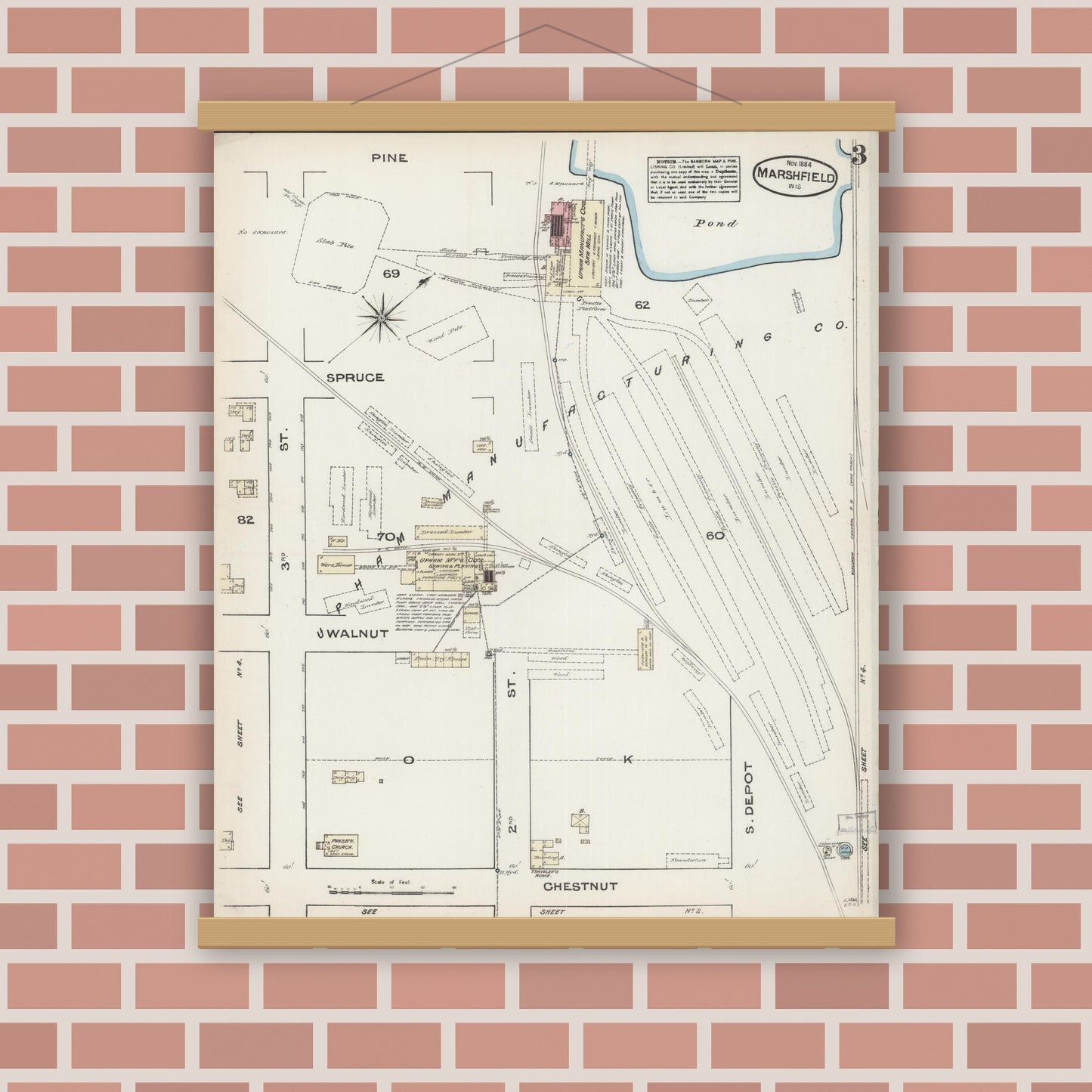 Old map wall art mockup — magnetic wood frame on brick wall — Sanborn Fire Insurance Map from Marshfield, Wood County, Wisconsin (1884), Sheet #0003