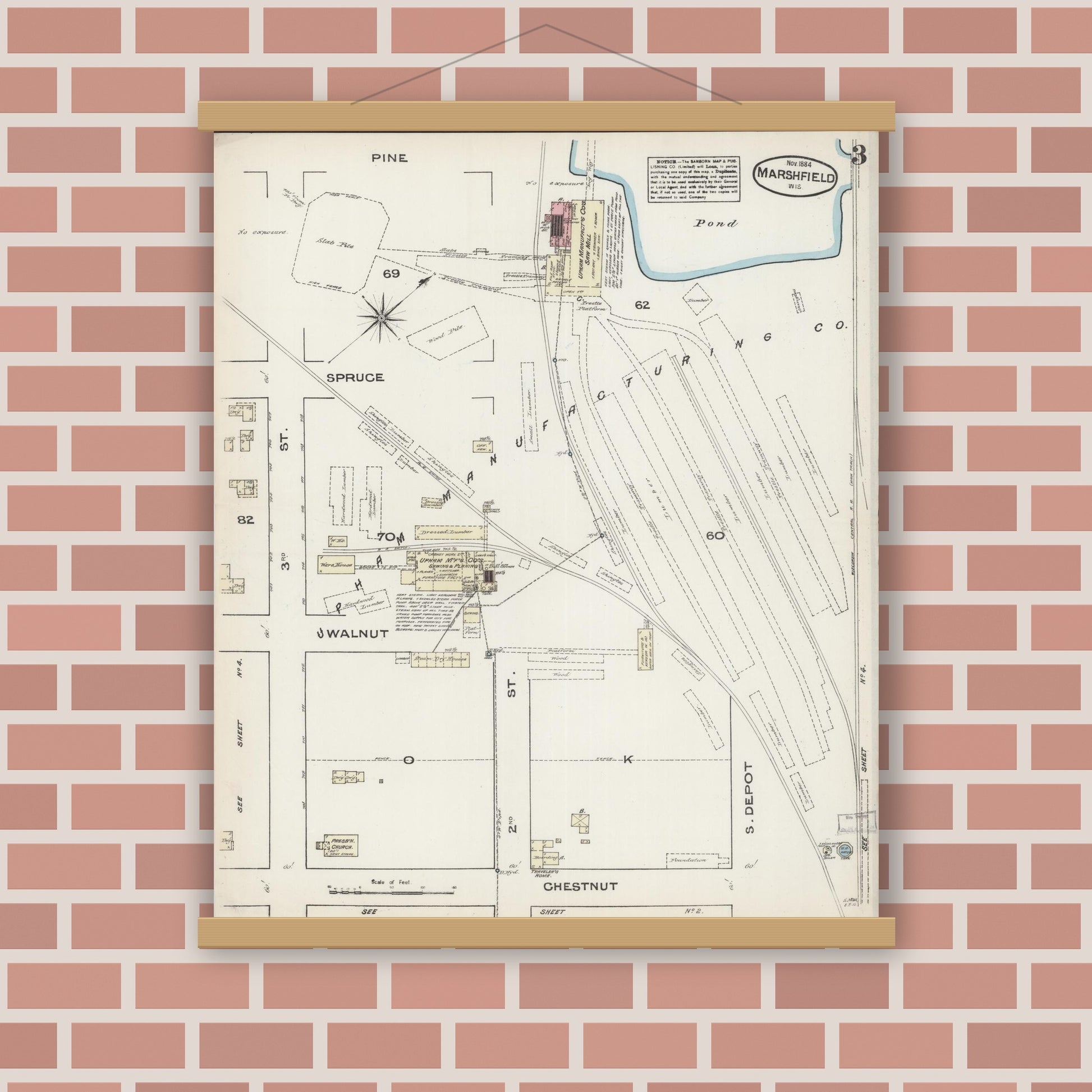 Old map wall art mockup — magnetic wood frame on brick wall — Sanborn Fire Insurance Map from Marshfield, Wood County, Wisconsin (1884), Sheet #0003
