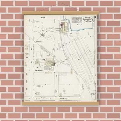 Old map wall art mockup — magnetic wood frame on brick wall — Sanborn Fire Insurance Map from Marshfield, Wood County, Wisconsin (1884), Sheet #0003