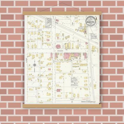 Old map wall art mockup — magnetic wood frame on brick wall — Sanborn Fire Insurance Map from Bunker Hill, Miami County, Indiana (1913), Sheet #0001
