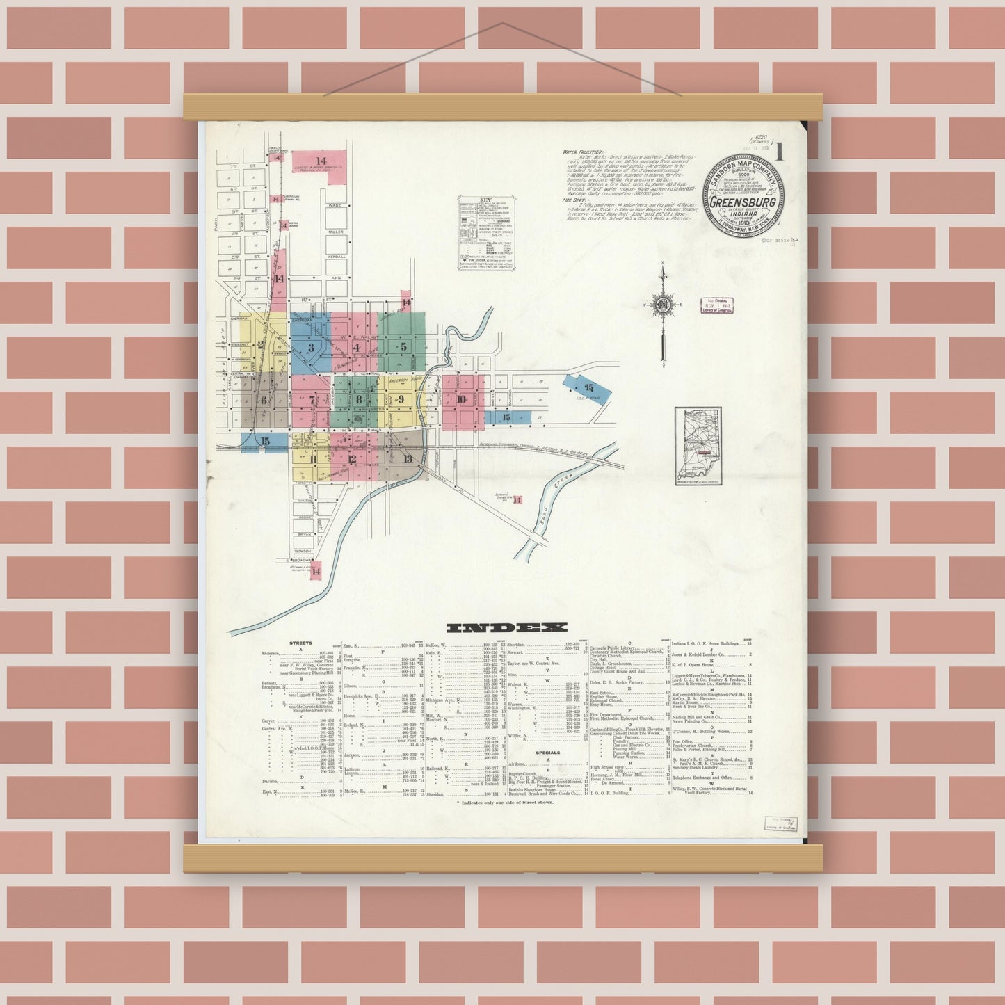 Old map wall art mockup — magnetic wood frame on brick wall — Sanborn Fire Insurance Map from Greensburg, Decatur County, Indiana (1913) - Complete Map Set
