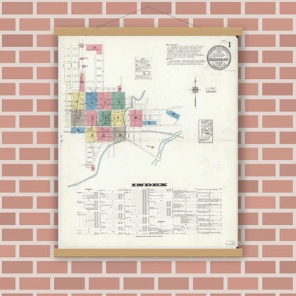 Old map wall art mockup — magnetic wood frame on brick wall — Sanborn Fire Insurance Map from Greensburg, Decatur County, Indiana (1913) - Complete Map Set