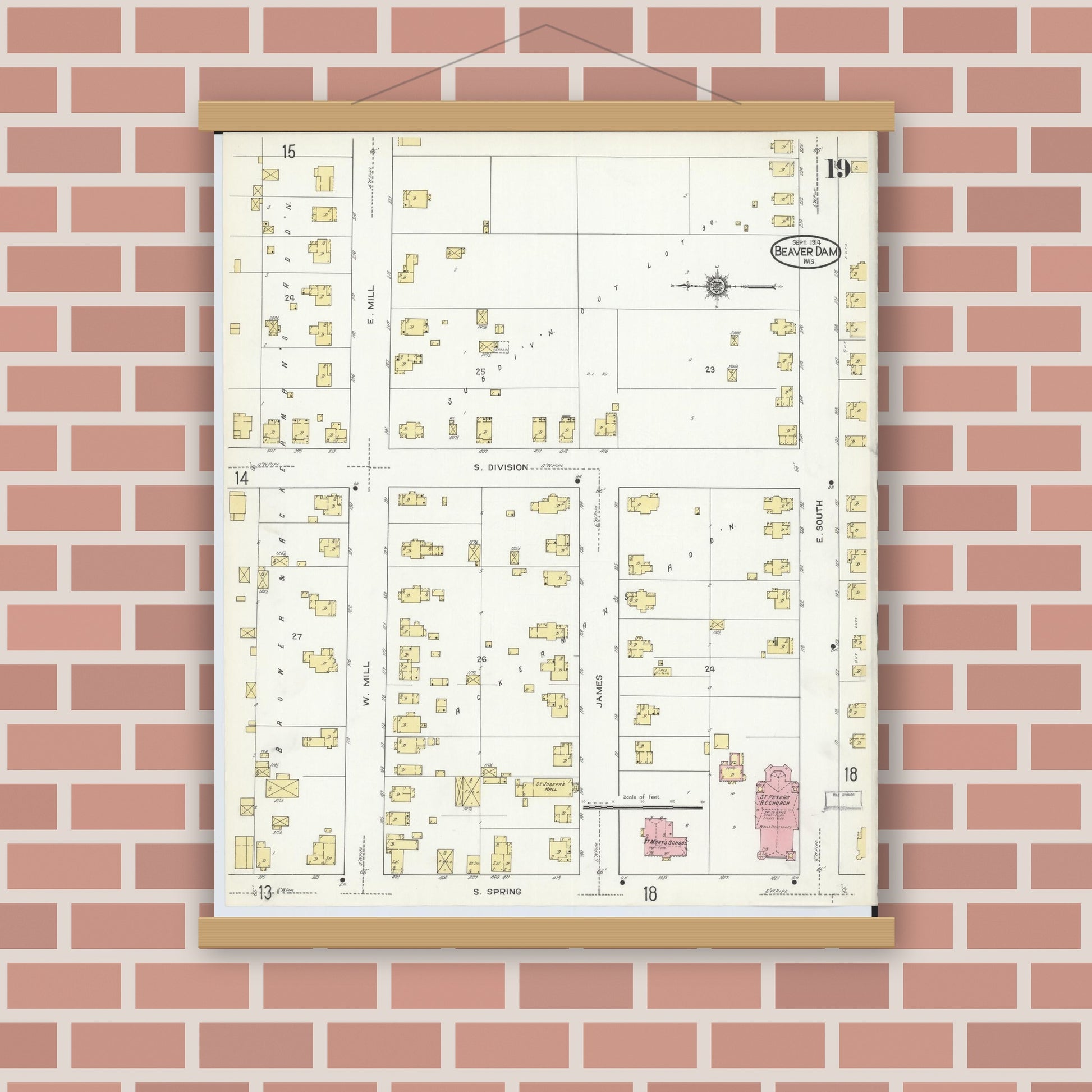 Old map wall art mockup — magnetic wood frame on brick wall — Sanborn Fire Insurance Map from Beaver Dam, Dodge County, Wisconsin (1914), Sheet #0019