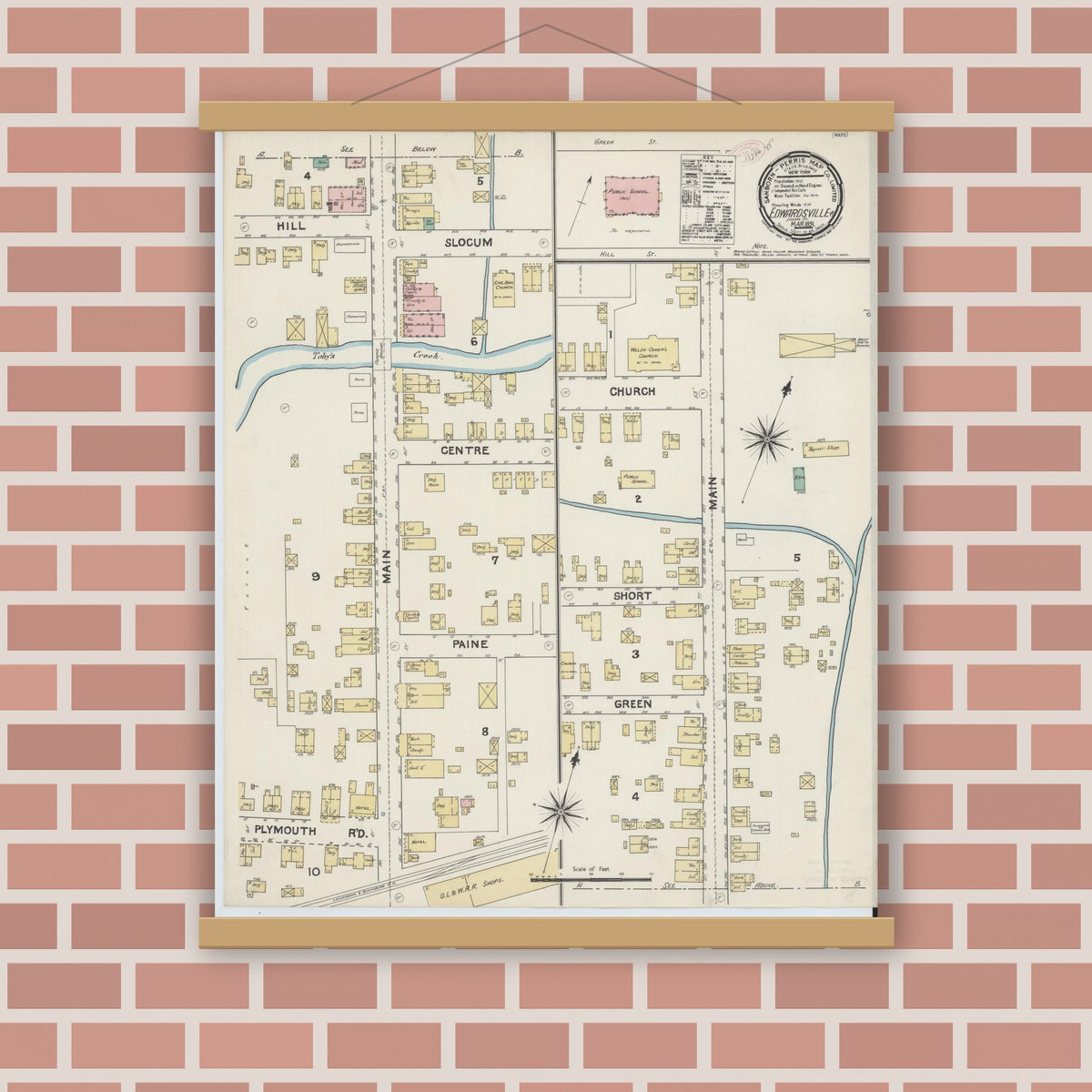 Old map wall art mockup — magnetic wood frame on brick wall — Sanborn Fire Insurance Map from Edwardsville, Luzerne County, Pennsylvania (1891), Sheet #0001