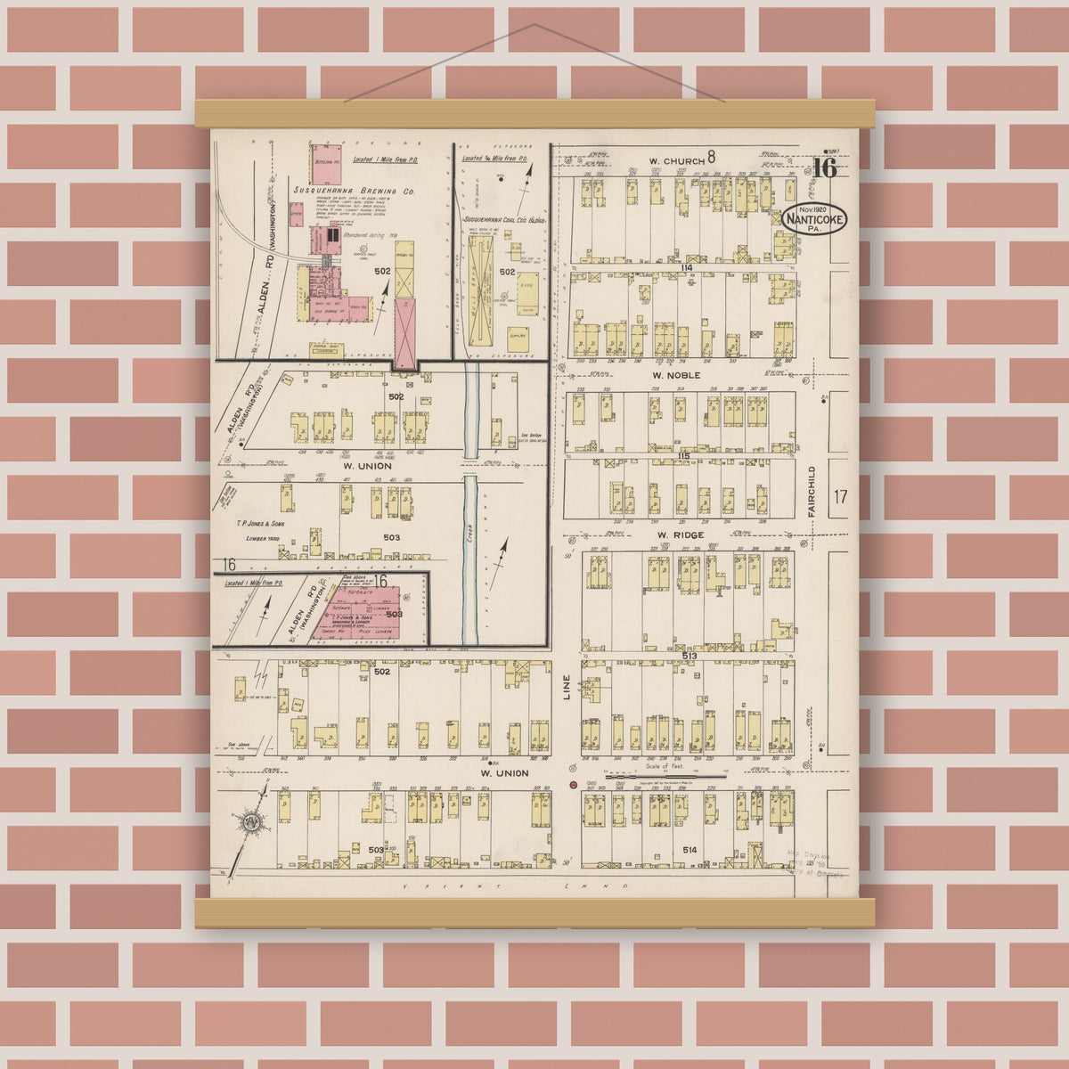 Old map wall art mockup — magnetic wood frame on brick wall — Sanborn Fire Insurance Map from Nanticoke, Luzerne County, Pennsylvania (1920), Sheet #0016