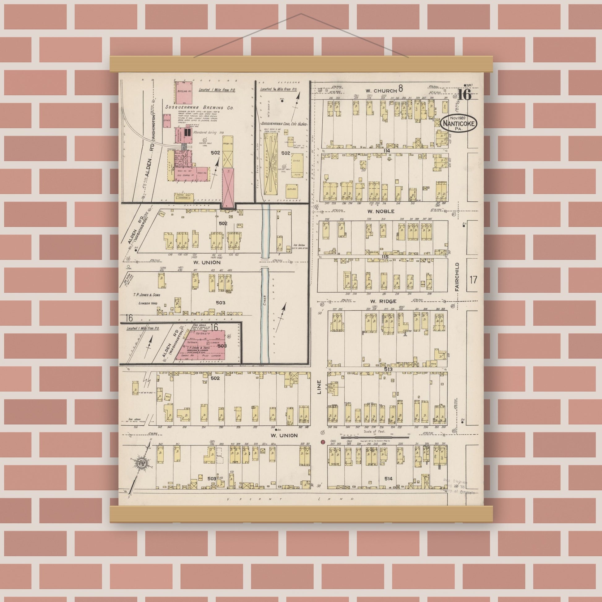 Old map wall art mockup — magnetic wood frame on brick wall — Sanborn Fire Insurance Map from Nanticoke, Luzerne County, Pennsylvania (1920), Sheet #0016