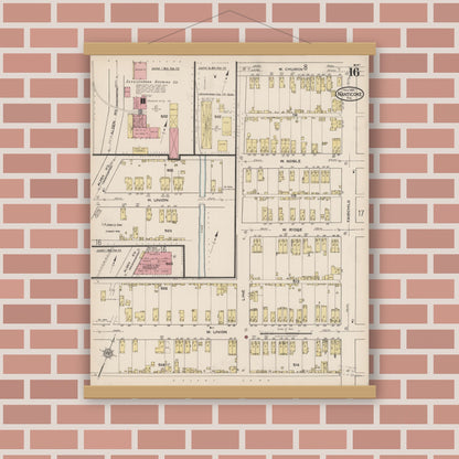 Old map wall art mockup — magnetic wood frame on brick wall — Sanborn Fire Insurance Map from Nanticoke, Luzerne County, Pennsylvania (1920), Sheet #0016