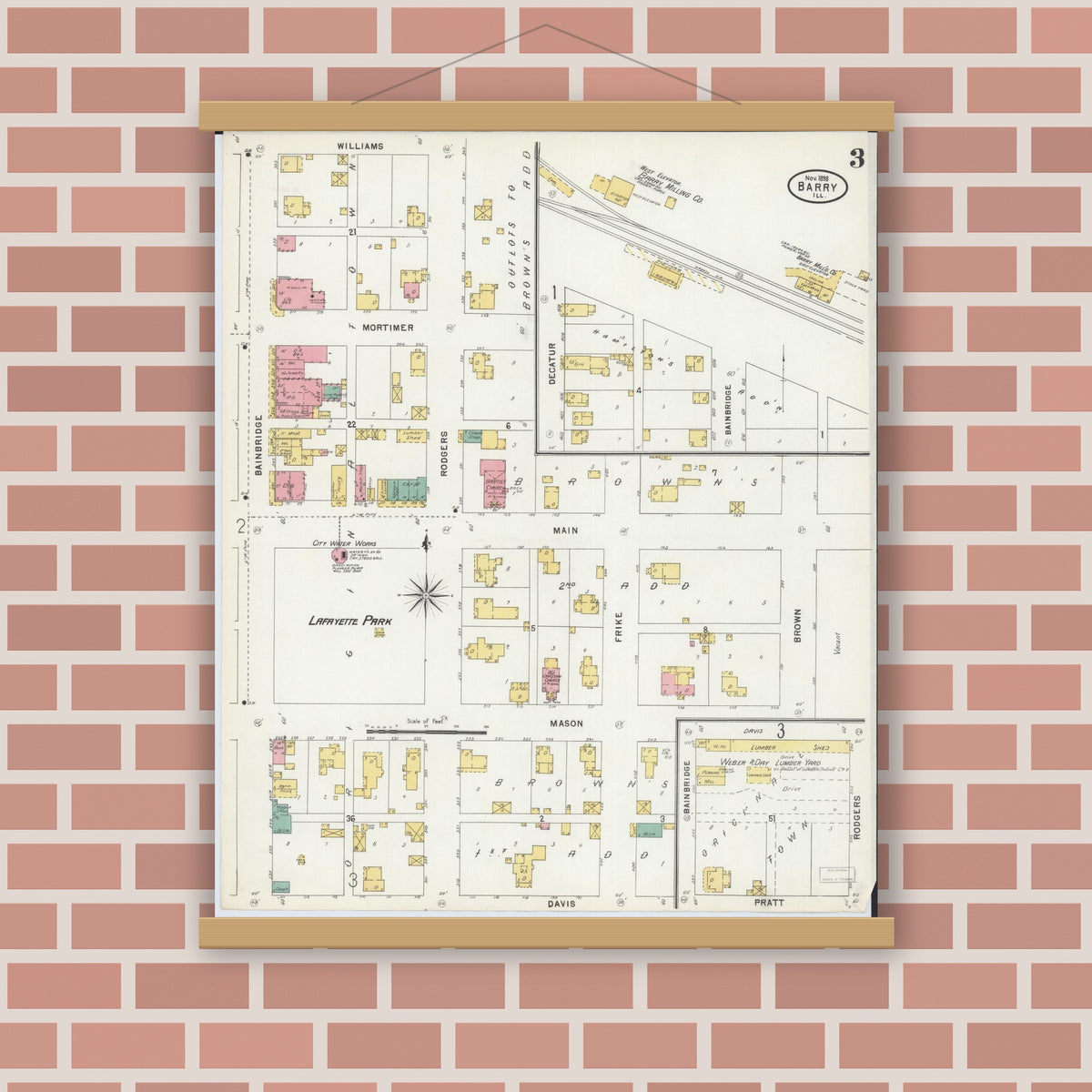 Old map wall art mockup — magnetic wood frame on brick wall — Sanborn Fire Insurance Map from Barry, Pike County, Illinois (1898), Sheet #0003