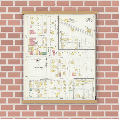 Old map wall art mockup — magnetic wood frame on brick wall — Sanborn Fire Insurance Map from Barry, Pike County, Illinois (1898), Sheet #0003