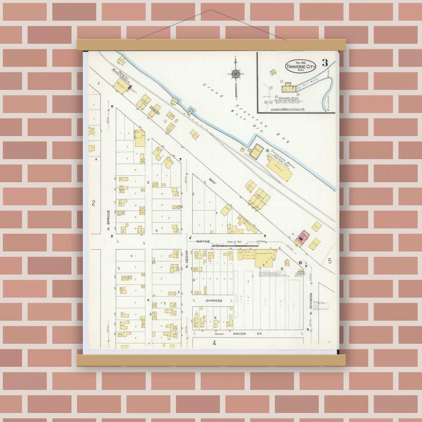 Old map wall art mockup — magnetic wood frame on brick wall — Sanborn Fire Insurance Map from Traverse City, Grand Traverse County, Michigan (1910), Sheet #0003