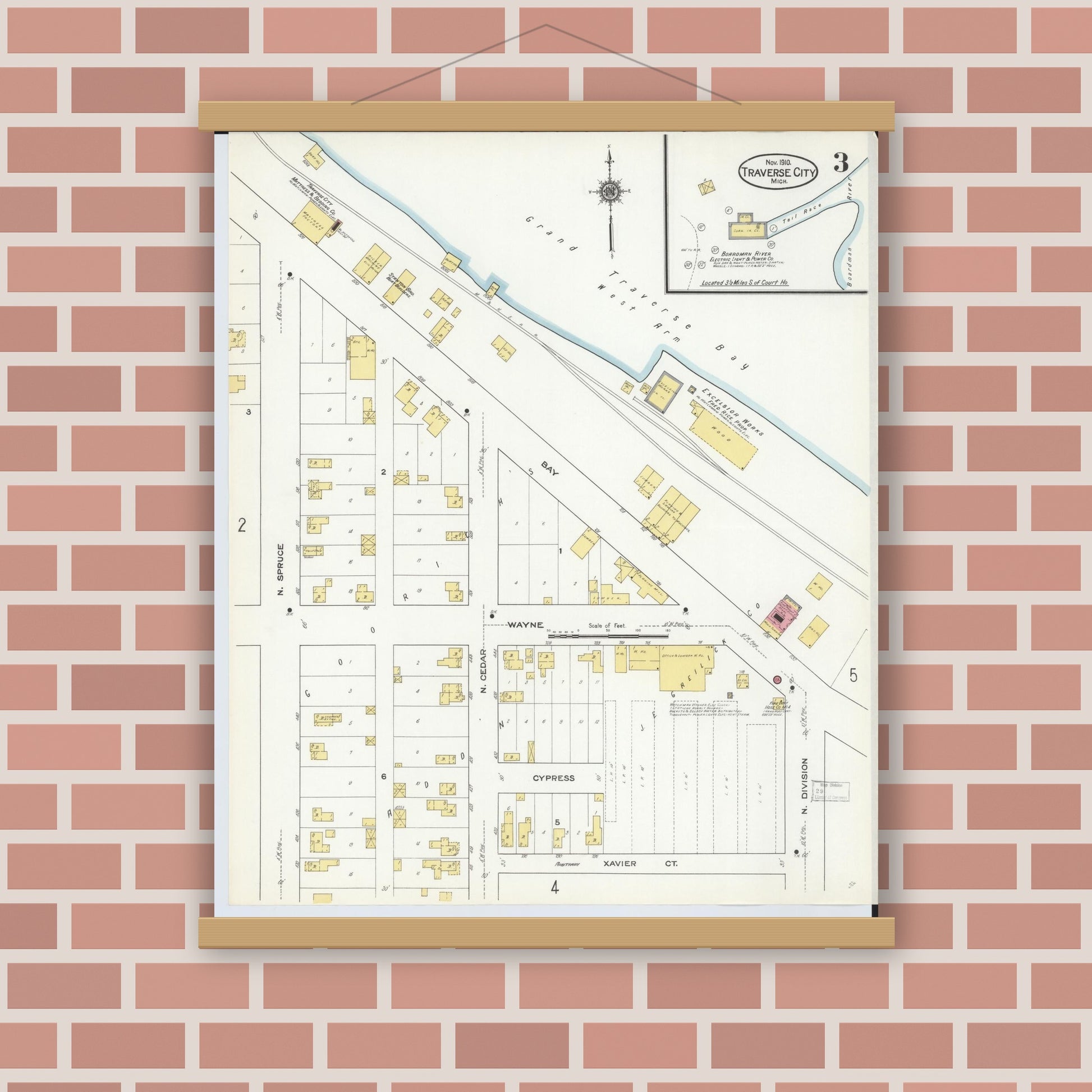Old map wall art mockup — magnetic wood frame on brick wall — Sanborn Fire Insurance Map from Traverse City, Grand Traverse County, Michigan (1910), Sheet #0003