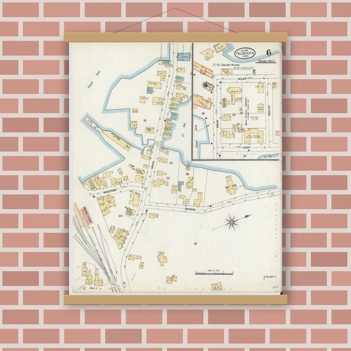 Old map wall art mockup — magnetic wood frame on brick wall — Sanborn Fire Insurance Map from Falmouth, Barnstable County, Massachusetts (1906), Sheet #0006