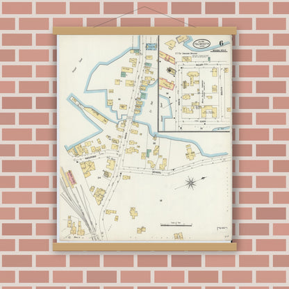 Old map wall art mockup — magnetic wood frame on brick wall — Sanborn Fire Insurance Map from Falmouth, Barnstable County, Massachusetts (1906), Sheet #0006