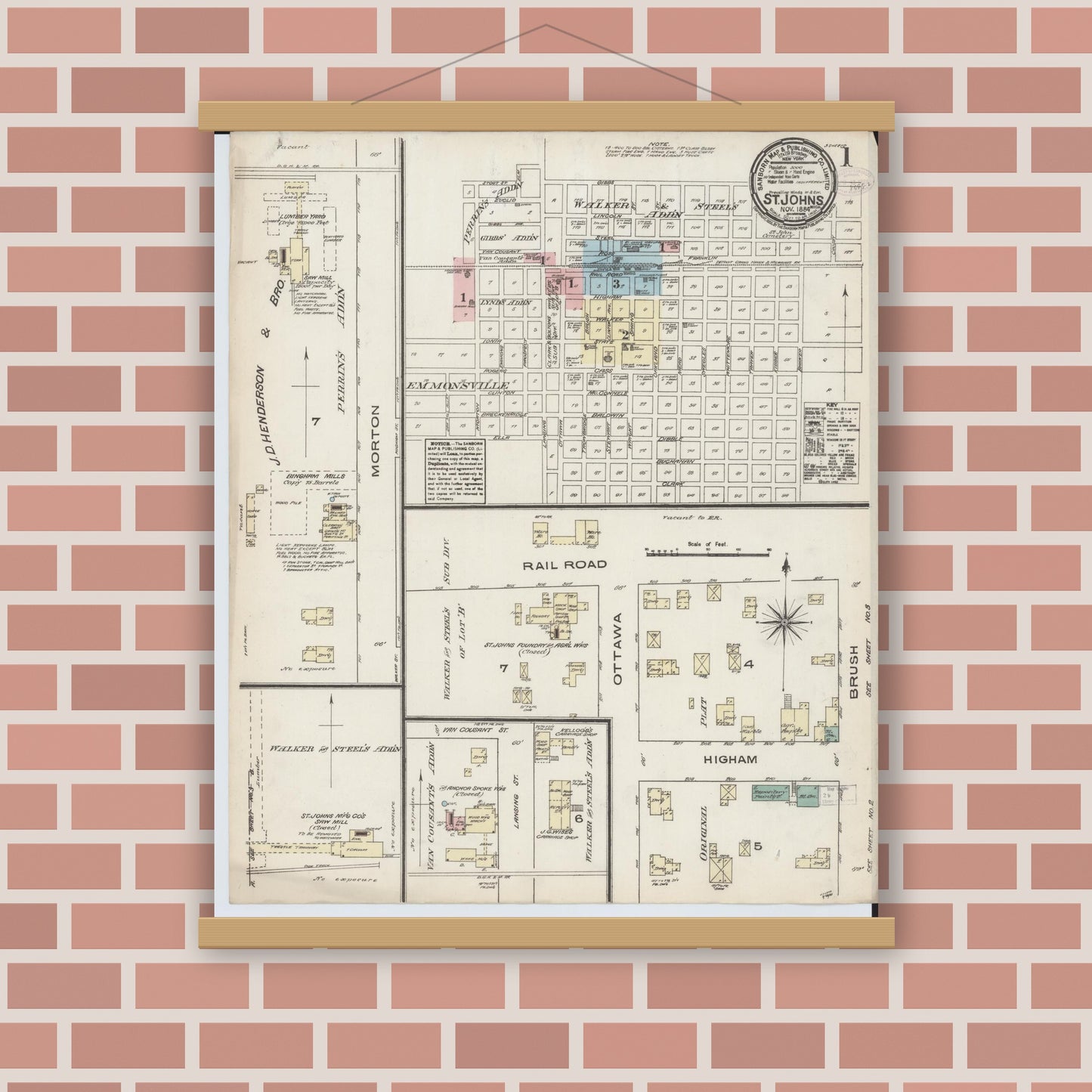 Old map wall art mockup — magnetic wood frame on brick wall — Sanborn Fire Insurance Map from Saint Johns, Clinton County, Michigan (1884) - Complete Map Set